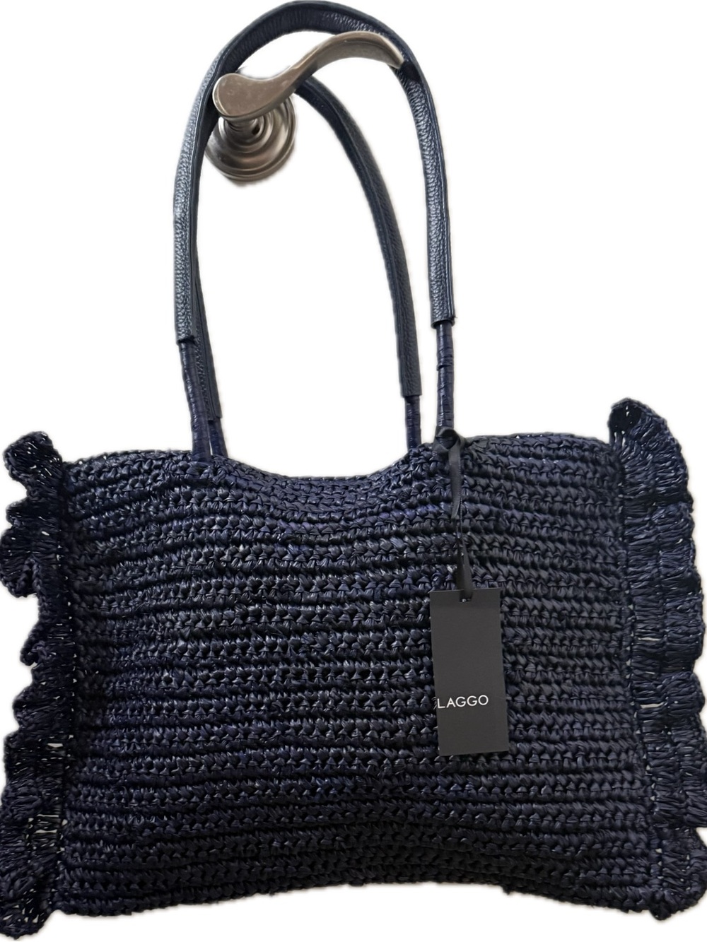 REDUCED LARGE Laggo Dark Navy Raffia Ruffled Tote Bag NWT